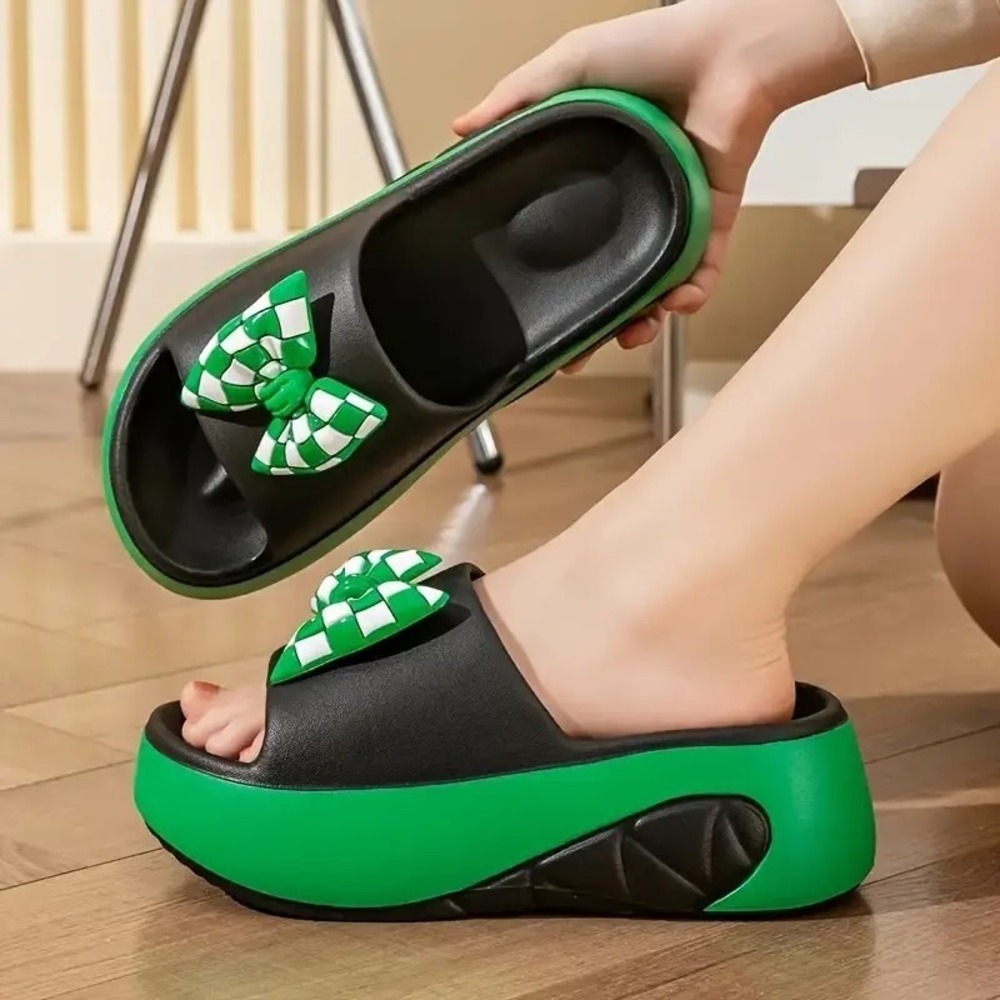 New EVA Platform Slide Sandals - Green & Black with Checkerboard Bow Size 39-40